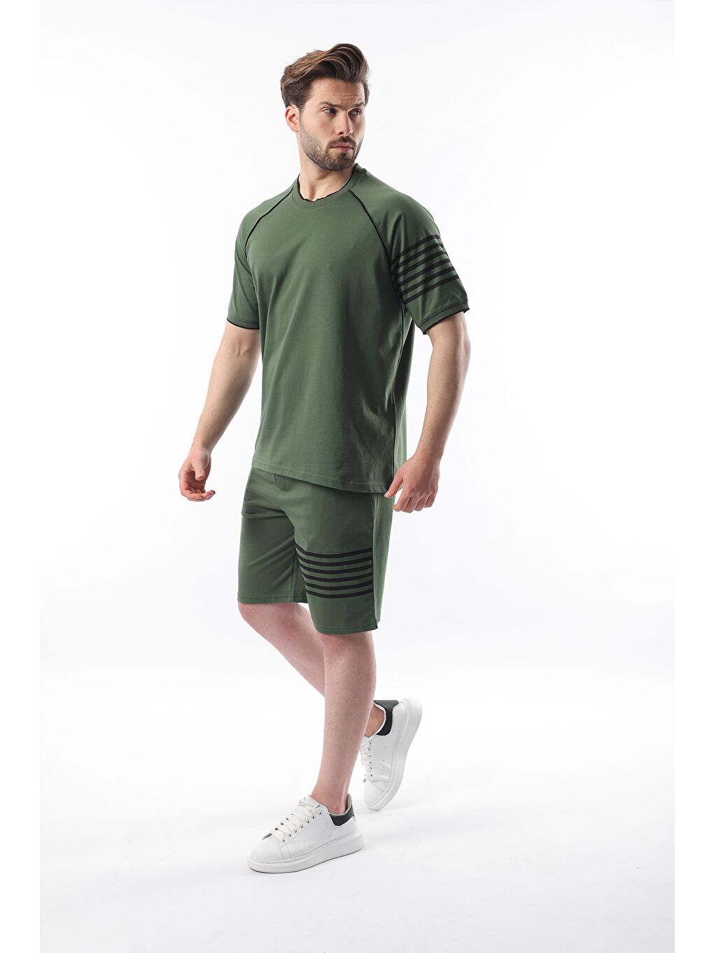 Haki Baskılı Reglan Kol Erkek Şort T-Shirt Takımı E7306-4