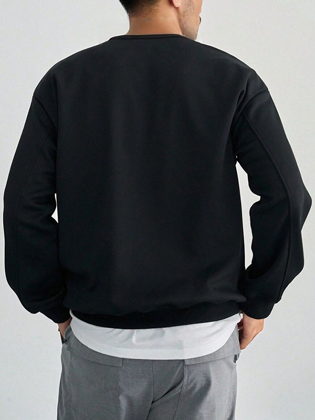 Siyah Oversize Bisiklet Yaka Uzun Kollu Sweatshirt-1