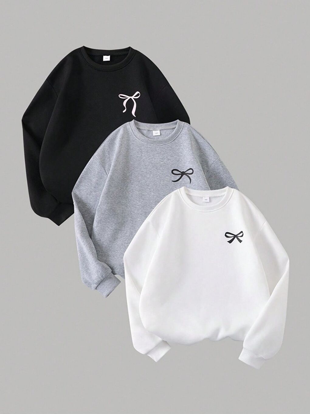 Karışık 3lü Set Siyah Gri Beyaz Kurdele Baskılı Bisiklet Yaka Sweatshirt