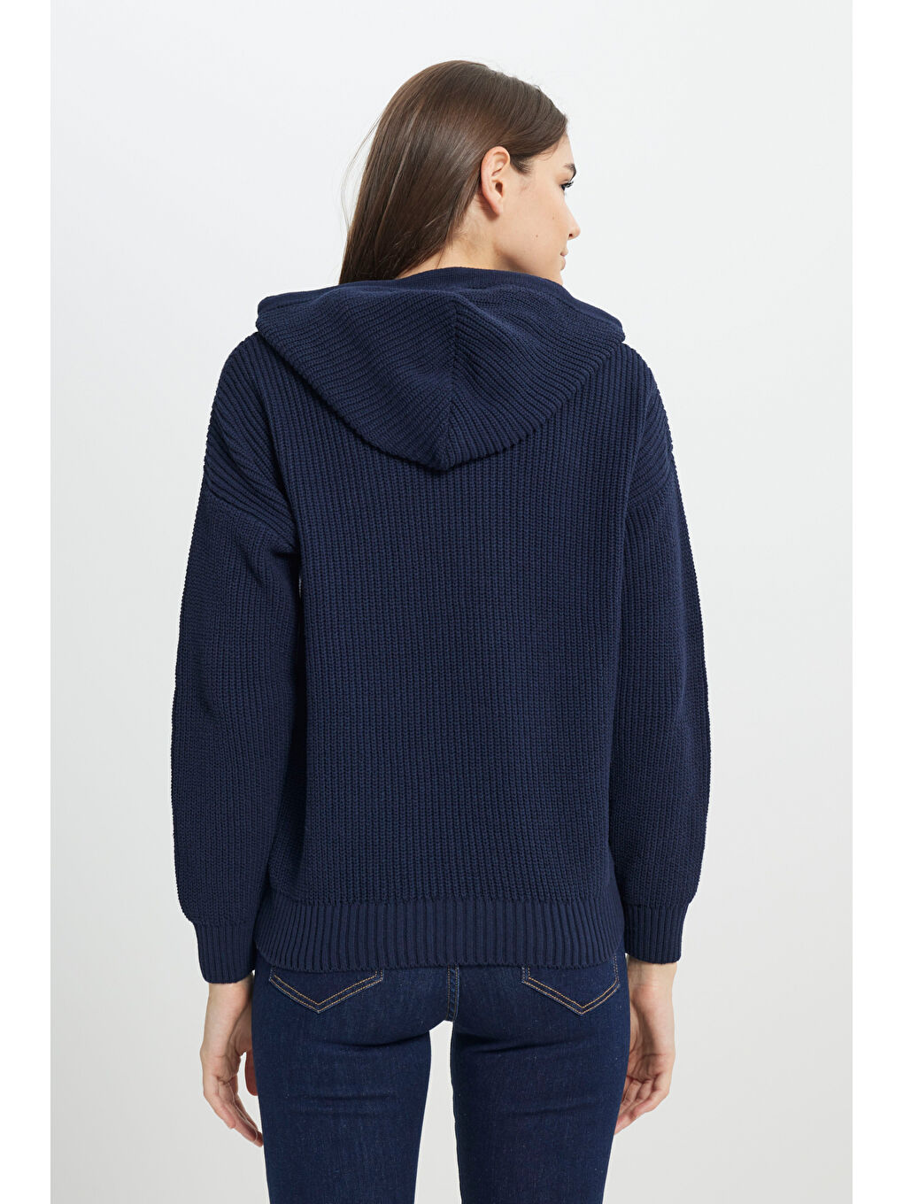 Relaxed Fit Geniş Kesim Kapüşonlu Lacivert Triko Kazak-4