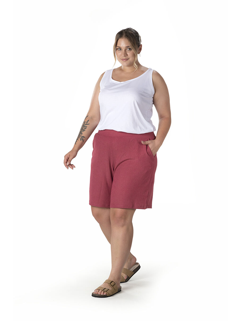 Pembe Büyük Beden Beli Lastikli Cepli Şort 216186-1