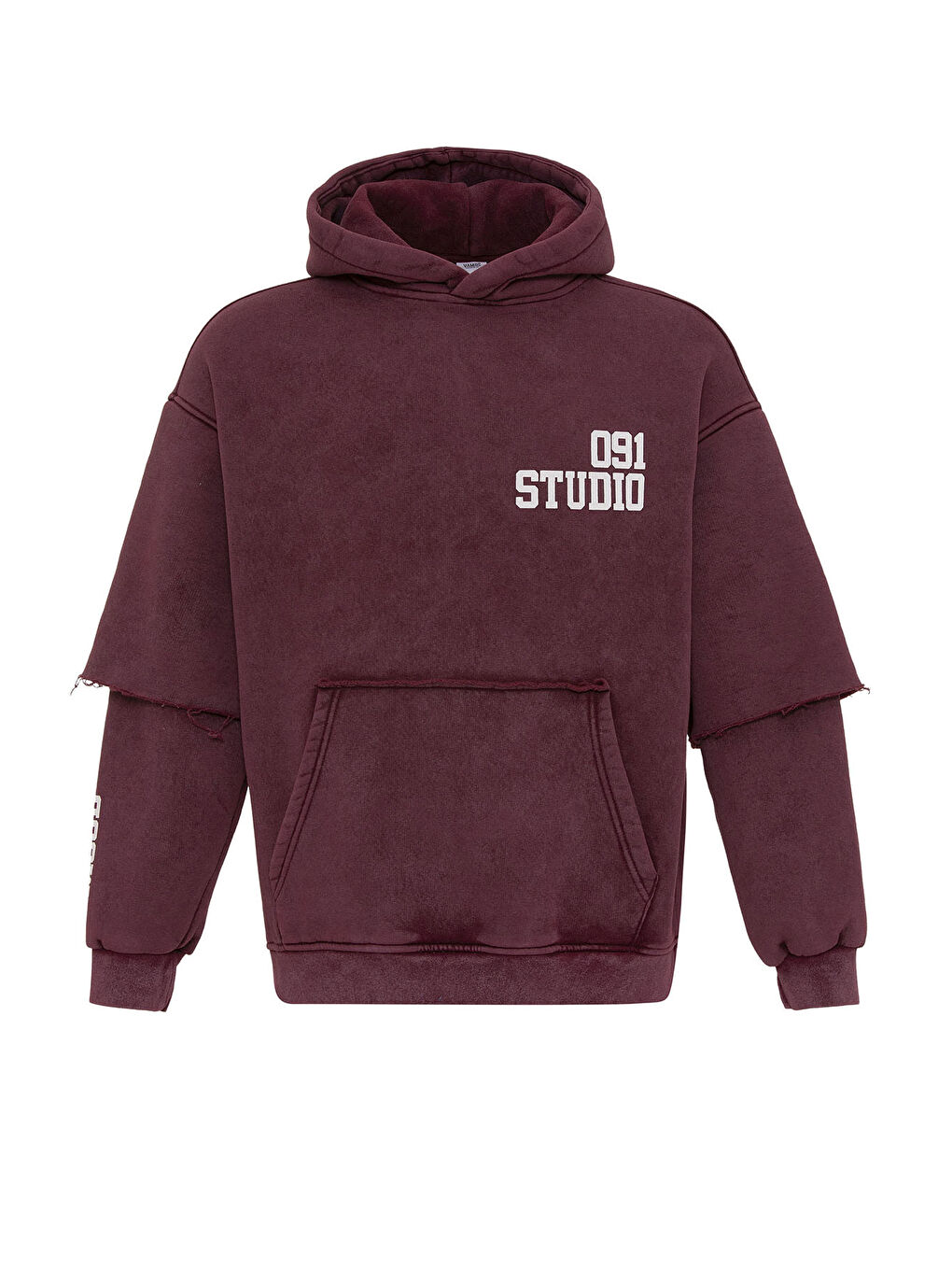 VAMOSCLO Bordo Yıkamalı Çift Kol Detaylı Kapüşonlu Oversize Erkek Sweatshirt