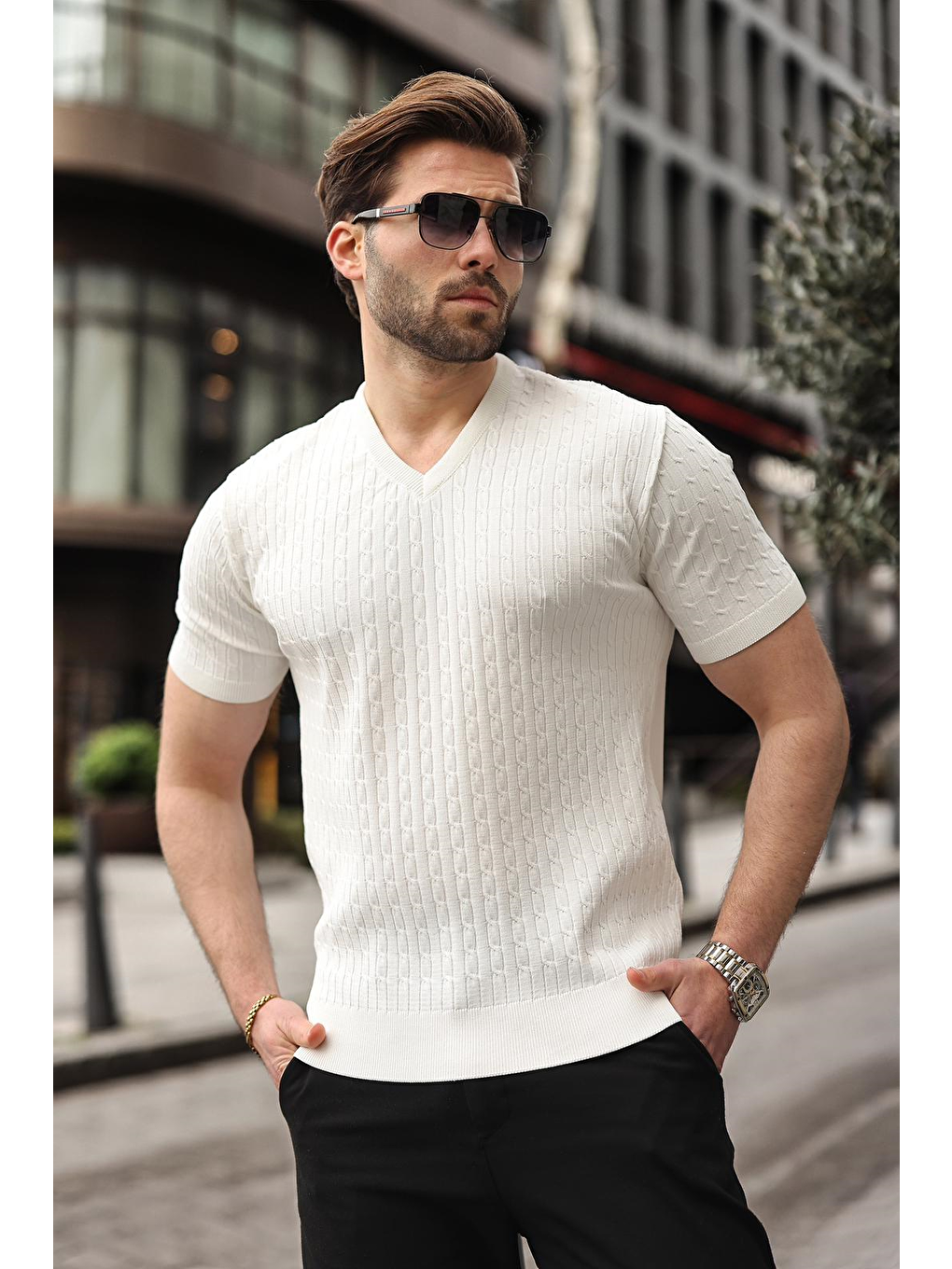 Beyaz V Yaka Kısa Kollu Triko Erkek Tişört E7467-2