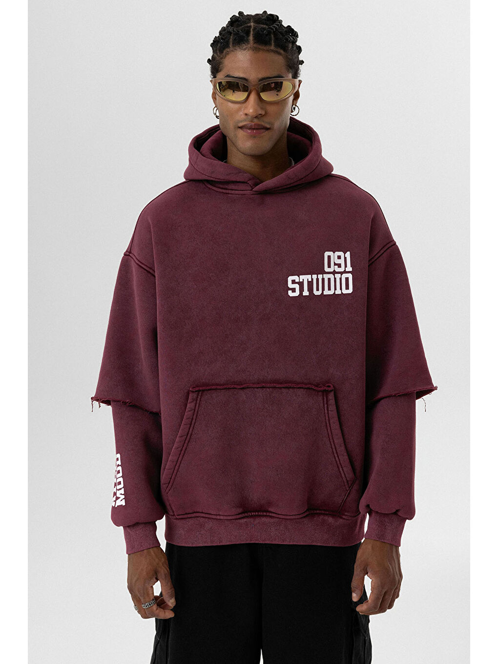 VAMOSCLO Bordo Yıkamalı Çift Kol Detaylı Kapüşonlu Oversize Erkek Sweatshirt - 1