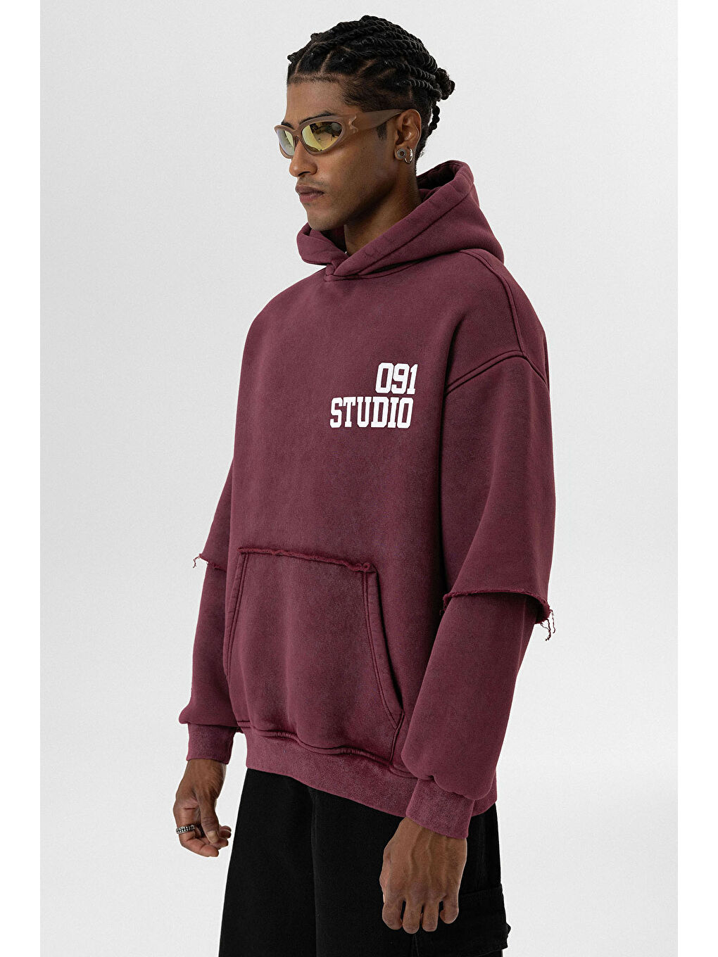 VAMOSCLO Bordo Yıkamalı Çift Kol Detaylı Kapüşonlu Oversize Erkek Sweatshirt - 2