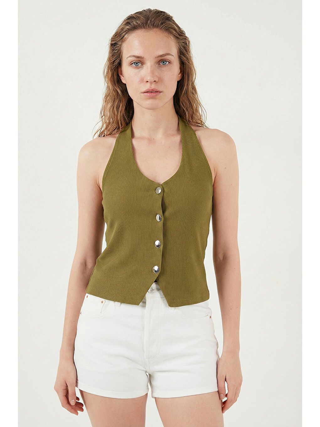 Yeşil Fitilli Fitted Fit Halter Yaka Sırt Dekolteli Kadın Yelek 5866515-2