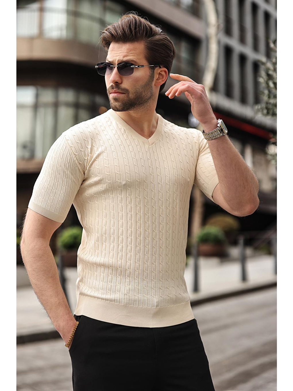 Bej Taş Rengi V Yaka Kısa Kollu Triko Erkek Tişört E7467-1