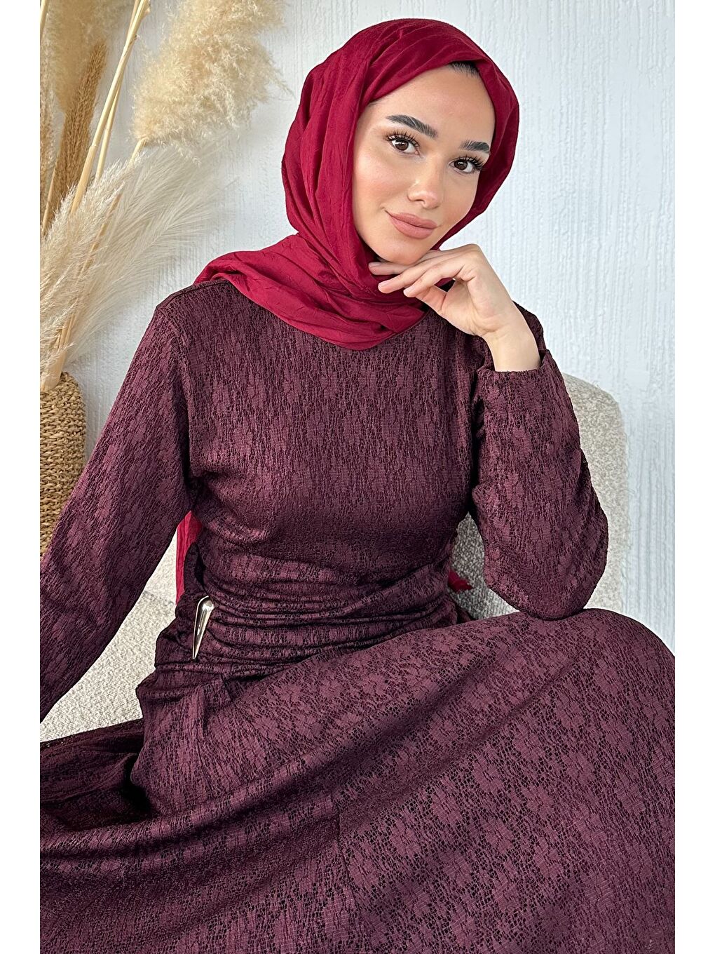 Mürdüm Gülseli Astarlı Tesettür Dantel Elbise-5