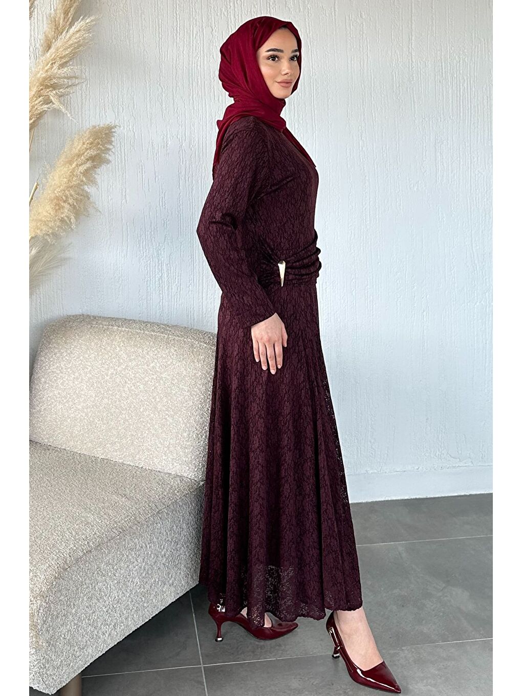 Mürdüm Gülseli Astarlı Tesettür Dantel Elbise-7