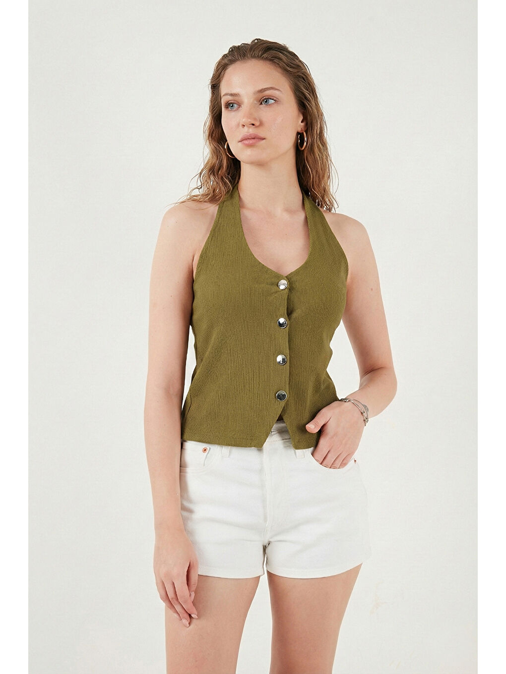 Yeşil Fitilli Fitted Fit Halter Yaka Sırt Dekolteli Kadın Yelek 5866515-3