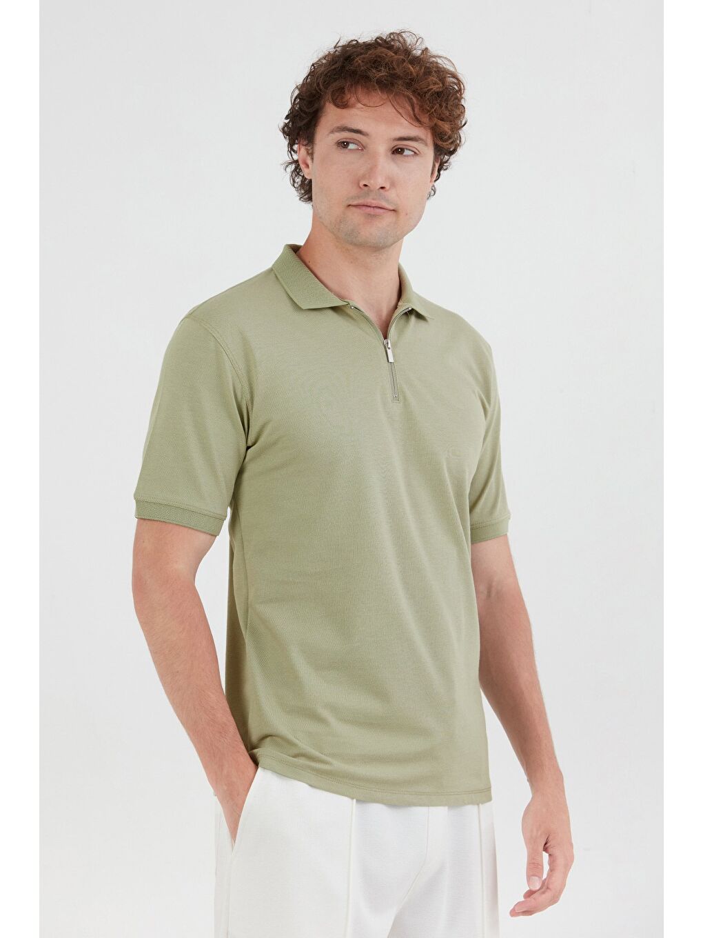 Turkuaz Basic Polo Yaka Yarım Fermuarlı Tişört