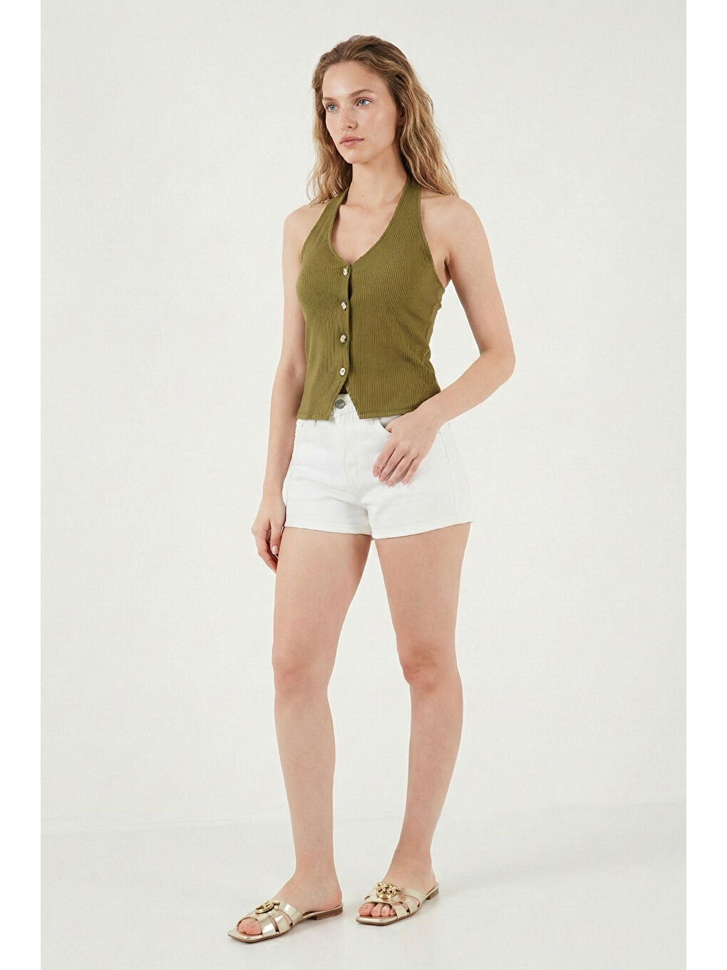 Yeşil Fitilli Fitted Fit Halter Yaka Sırt Dekolteli Kadın Yelek 5866515-4