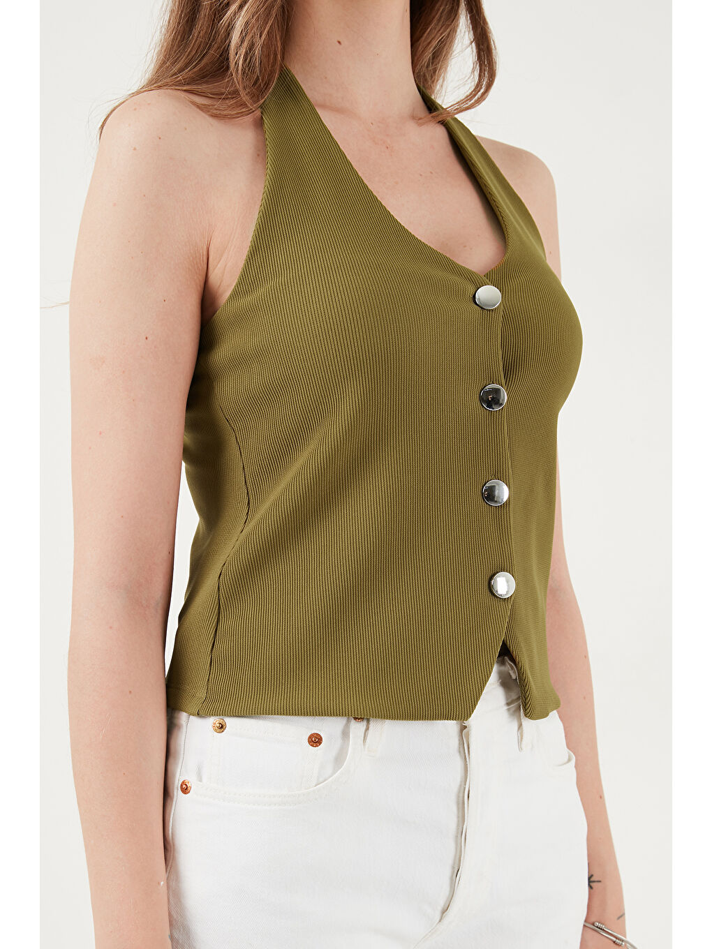 Yeşil Fitilli Fitted Fit Halter Yaka Sırt Dekolteli Kadın Yelek 5866515-5