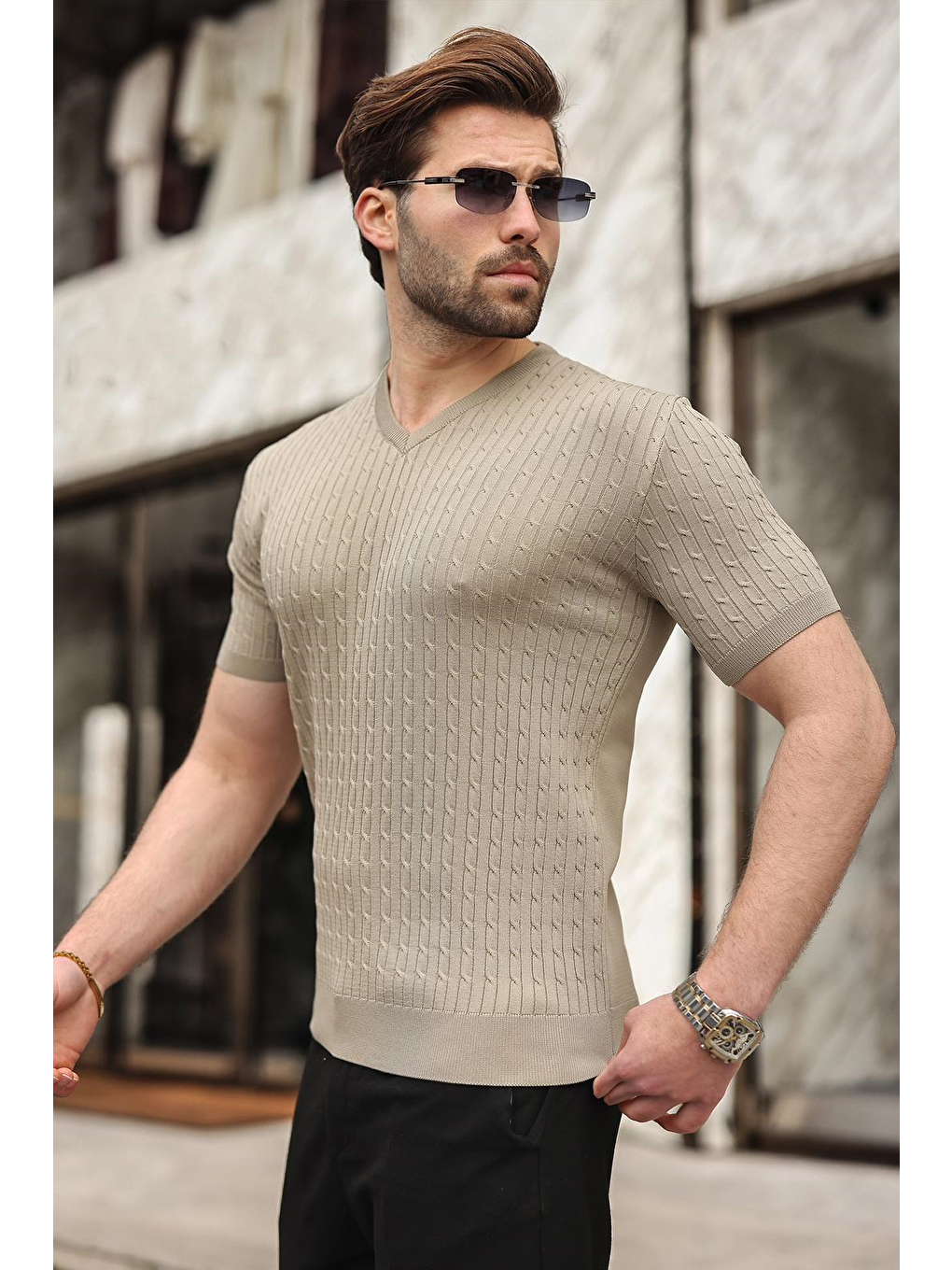 Bej Vizon V Yaka Kısa Kollu Triko Erkek Tişört E7467