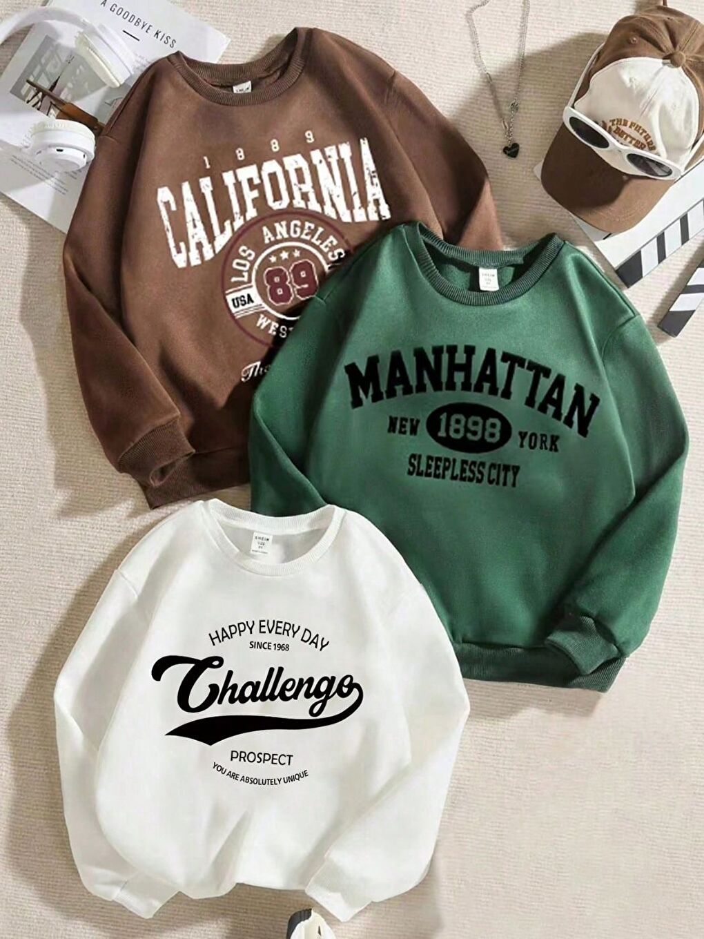 Karışık 3lü Set Kadın Kahverengi Nefti Beyaz Since Baskılı Bisiklet Yaka Sweatshirt