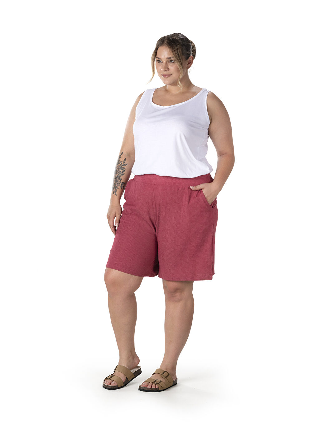 Pembe Büyük Beden Beli Lastikli Cepli Şort 216186-4