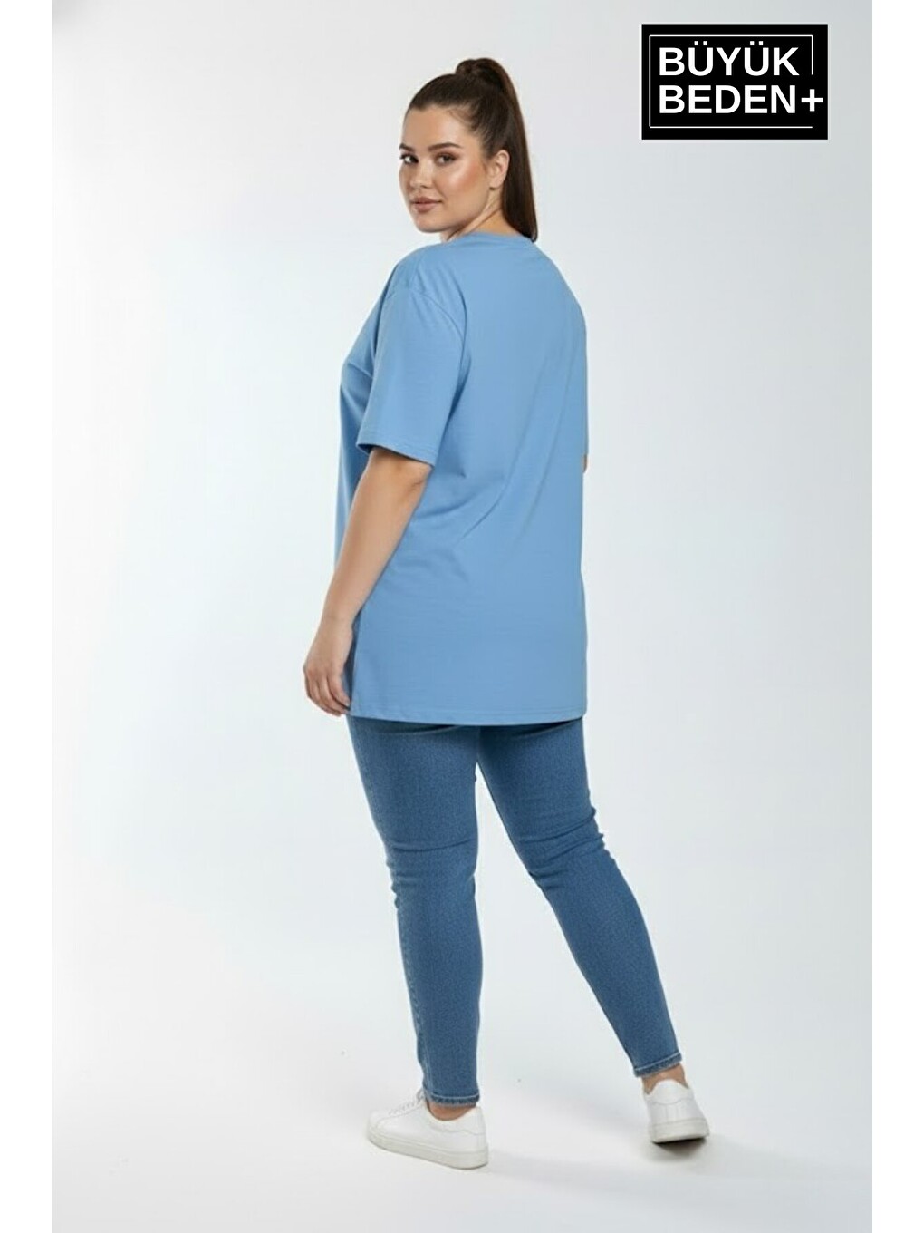 Mavi Kadın Büyük Beden El Yazılı Brooklyn Baskılı 3xl-6xl Bisiklet Yaka Tshırt SPR25BTSK510-6-1