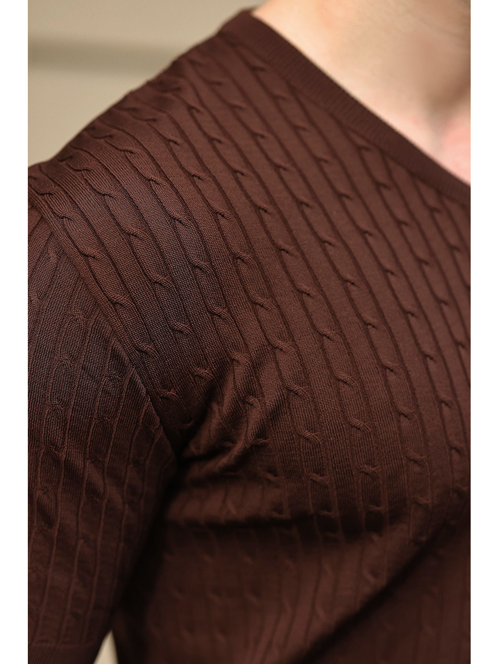 Kahverengi V Yaka Kısa Kollu Triko Erkek Tişört E7467-3