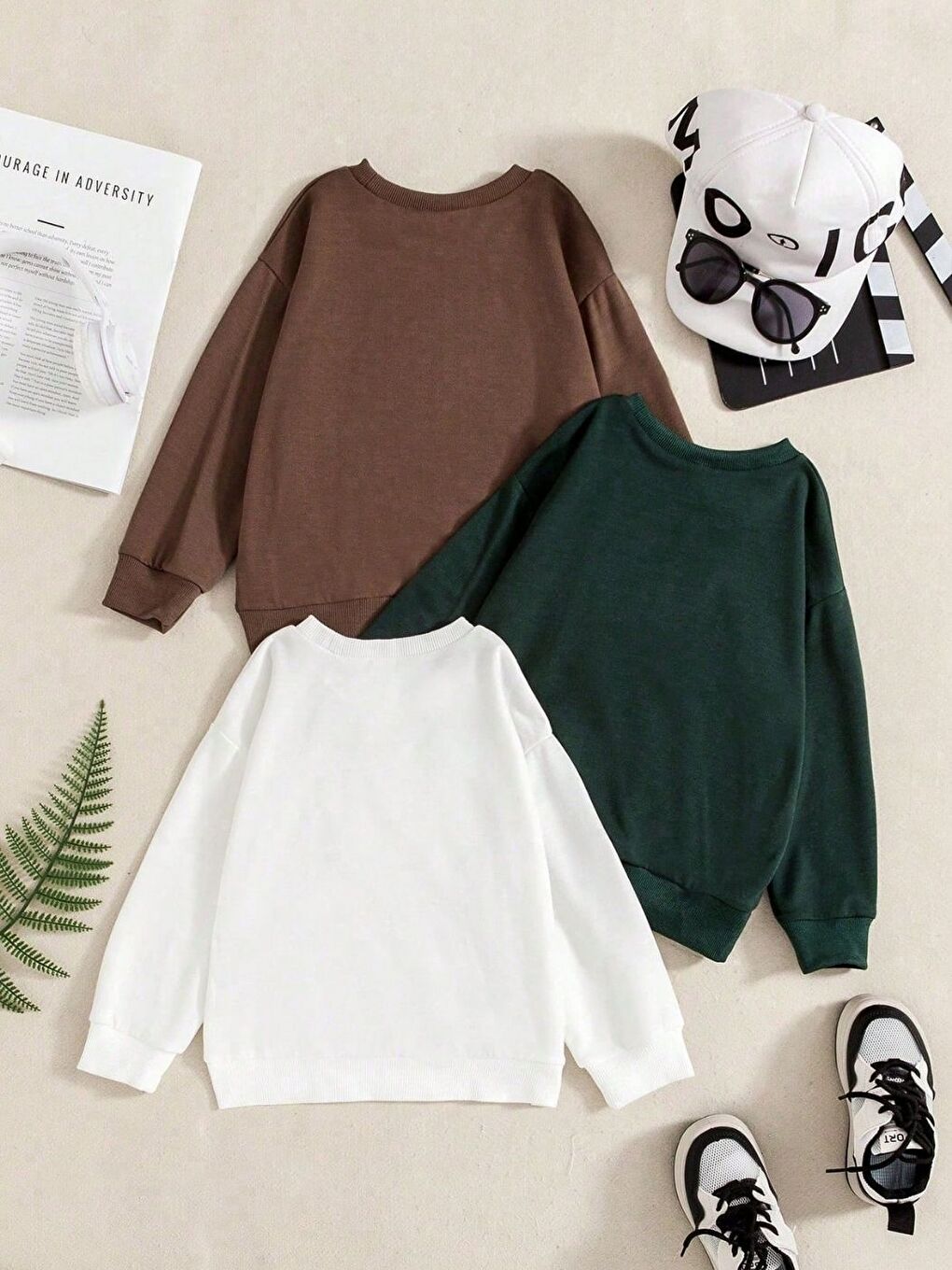 Karışık 3lü Set Kadın Kahverengi Nefti Beyaz Since Baskılı Bisiklet Yaka Sweatshirt-1