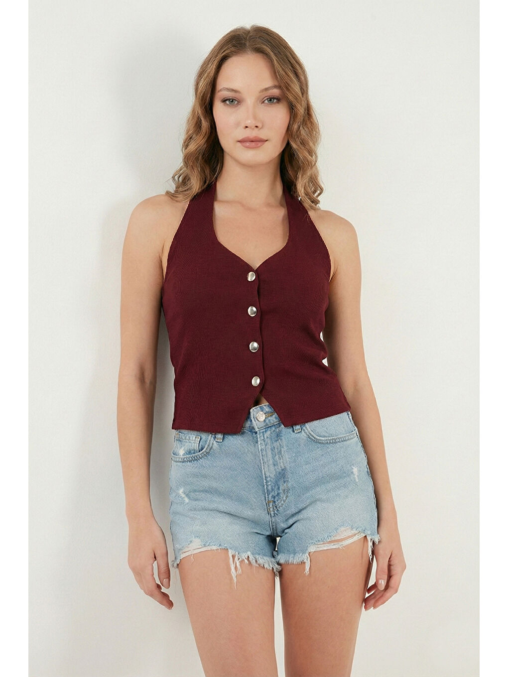 Kırmızı Fitilli Fitted Fit Halter Yaka Sırt Dekolteli Kadın Yelek 5866515-1