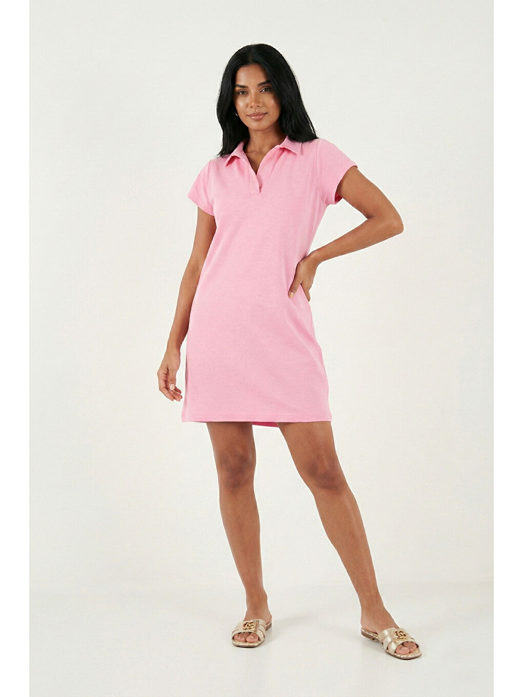 Pembe Regular Fit Polo Yaka Mini Kadın Elbise 5866153-2