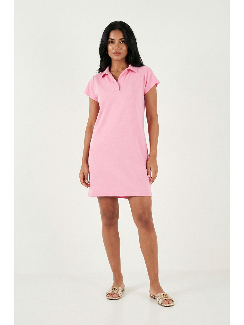 Pembe Regular Fit Polo Yaka Mini Kadın Elbise 5866153-3