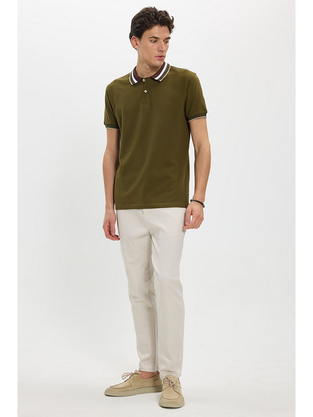 Erkek Slim Fit Dar Kesim %100 Pamuk Haki Polo Yaka Tişört-1