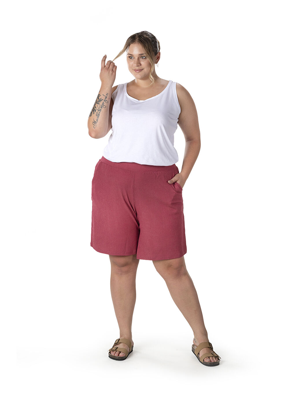 Pembe Büyük Beden Beli Lastikli Cepli Şort 216186-6