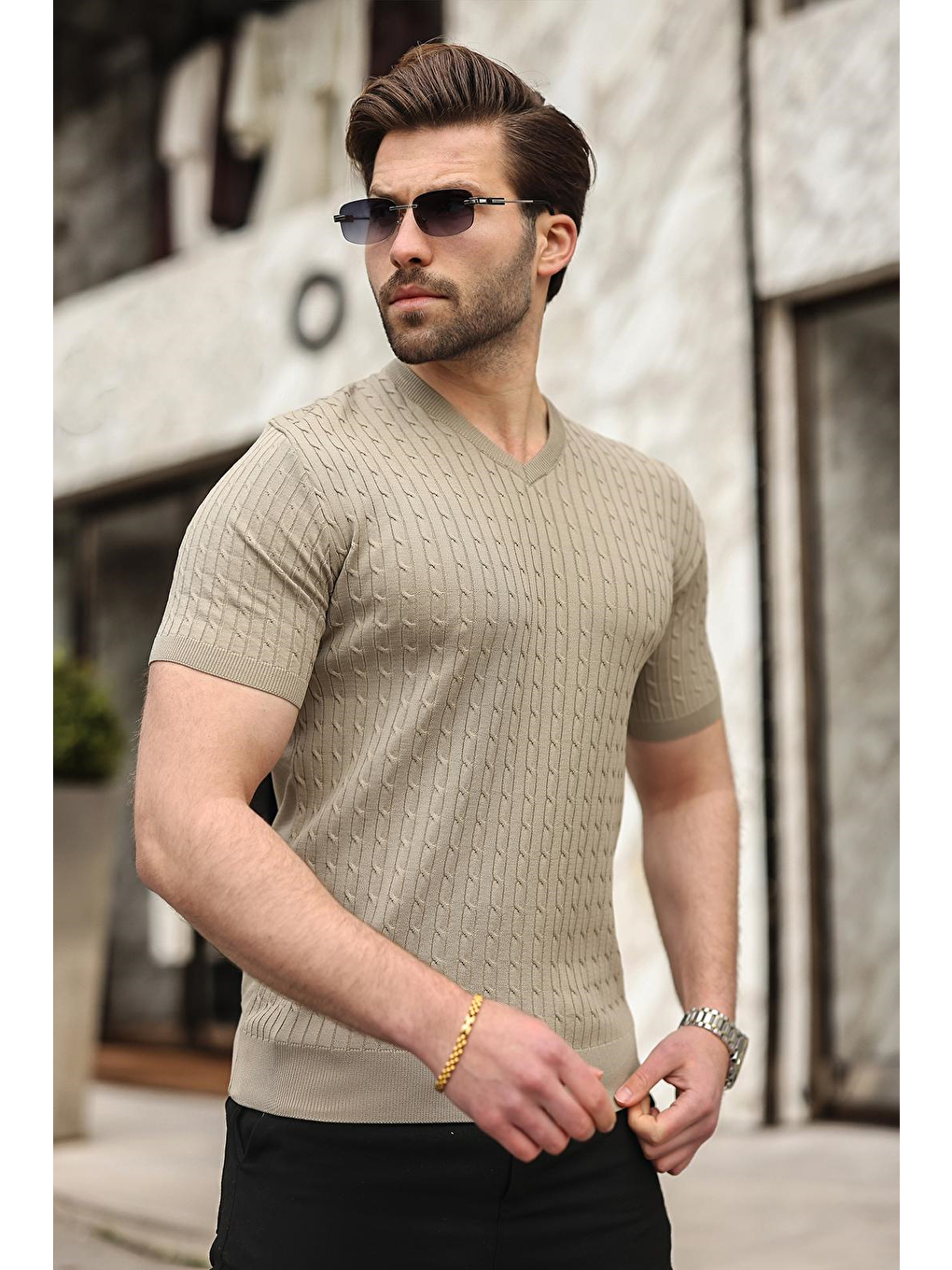 Bej Vizon V Yaka Kısa Kollu Triko Erkek Tişört E7467-3