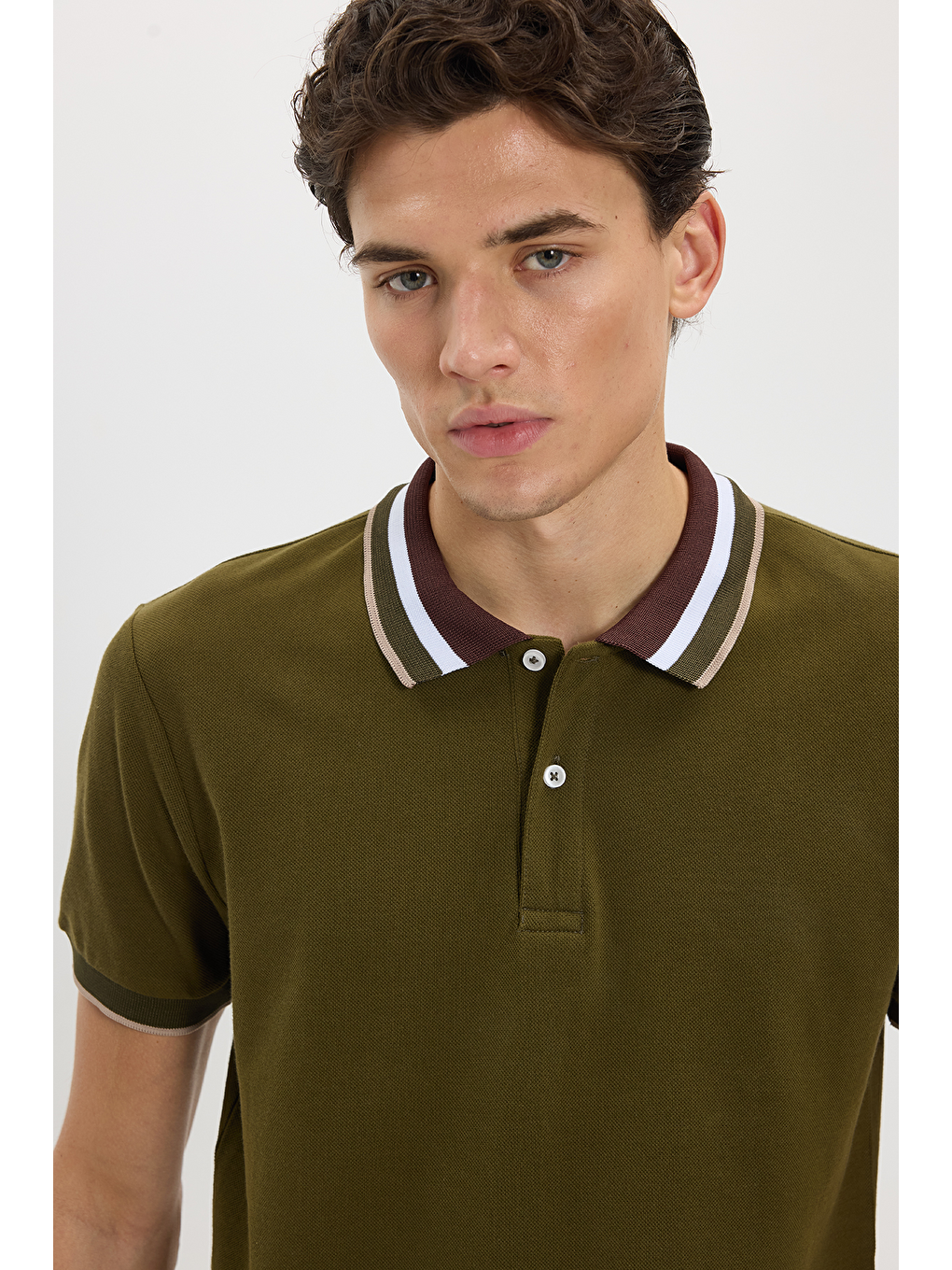 Erkek Slim Fit Dar Kesim %100 Pamuk Haki Polo Yaka Tişört-2