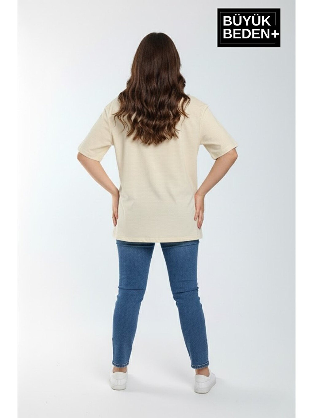 Bej Kadın Büyük Beden New York Baskılı 3xl-6xl Bisiklet Yaka Tshırt SPR25BTSK510-05-2