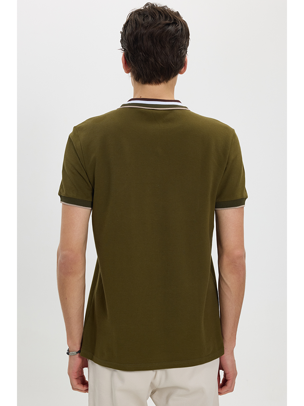 Erkek Slim Fit Dar Kesim %100 Pamuk Haki Polo Yaka Tişört-4