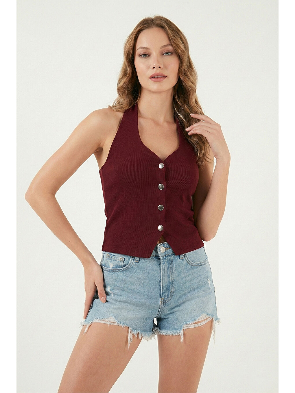 Kırmızı Fitilli Fitted Fit Halter Yaka Sırt Dekolteli Kadın Yelek 5866515-3