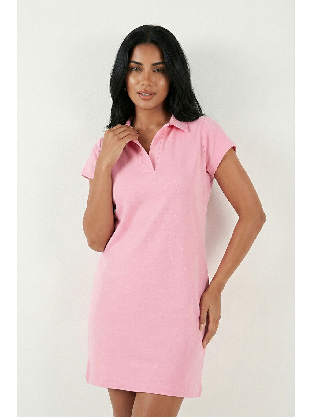 Pembe Regular Fit Polo Yaka Mini Kadın Elbise 5866153-5