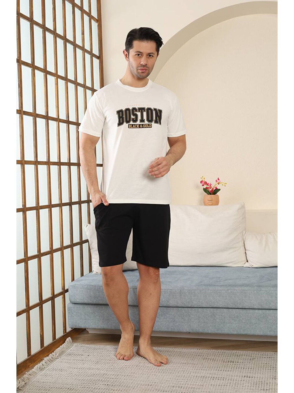 Ekru %100 Pamuklu Kısa Kollu Cepli Erkek Şortlu Pijama Takımı 2015