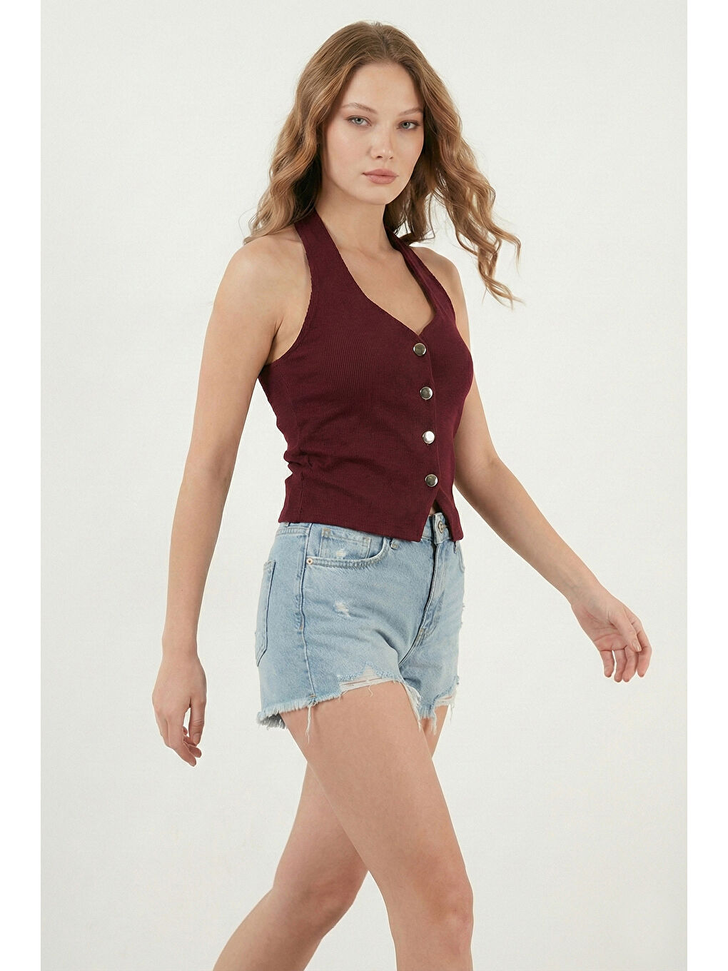 Kırmızı Fitilli Fitted Fit Halter Yaka Sırt Dekolteli Kadın Yelek 5866515-4