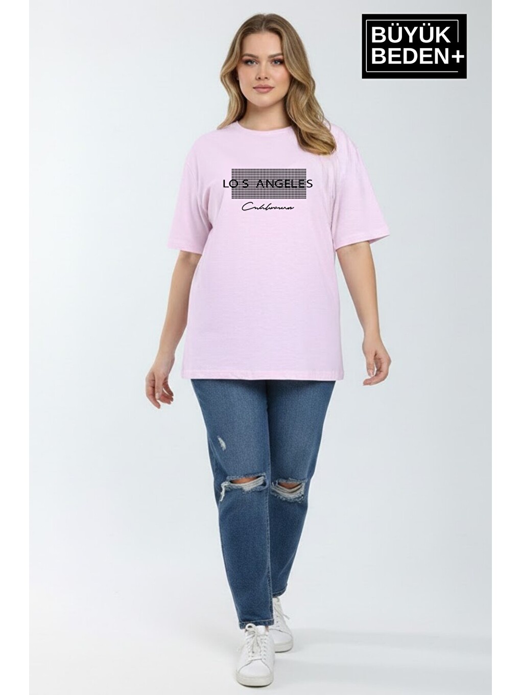 Pembe Kadın Büyük Beden Los Angeles Baskılı 3xl-6xl Bisiklet Yaka Tshırt SPR26BTSK510-18