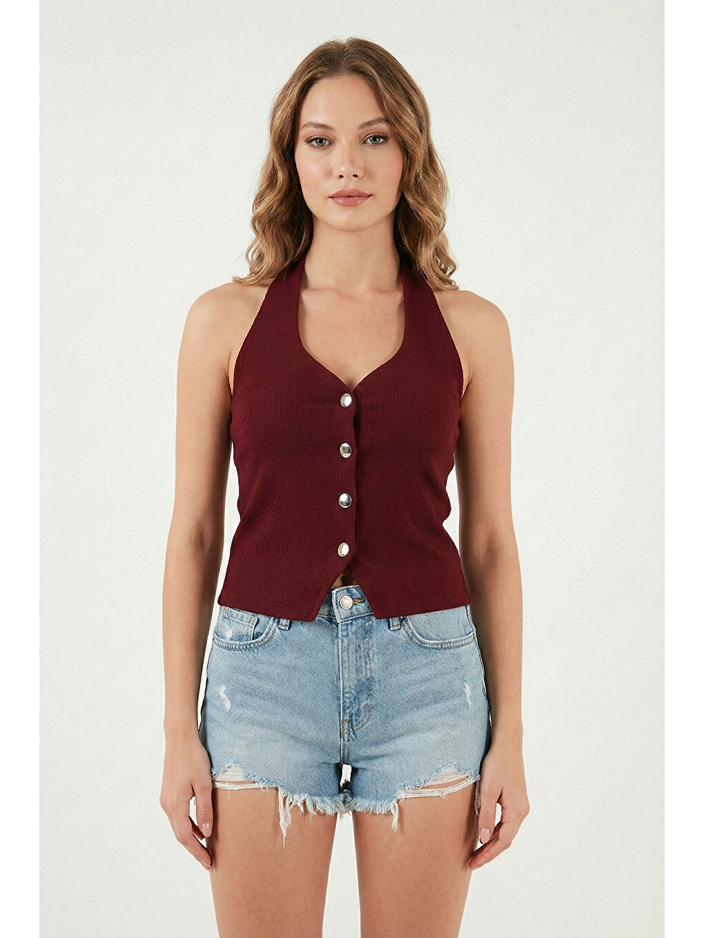 Kırmızı Fitilli Fitted Fit Halter Yaka Sırt Dekolteli Kadın Yelek 5866515-5