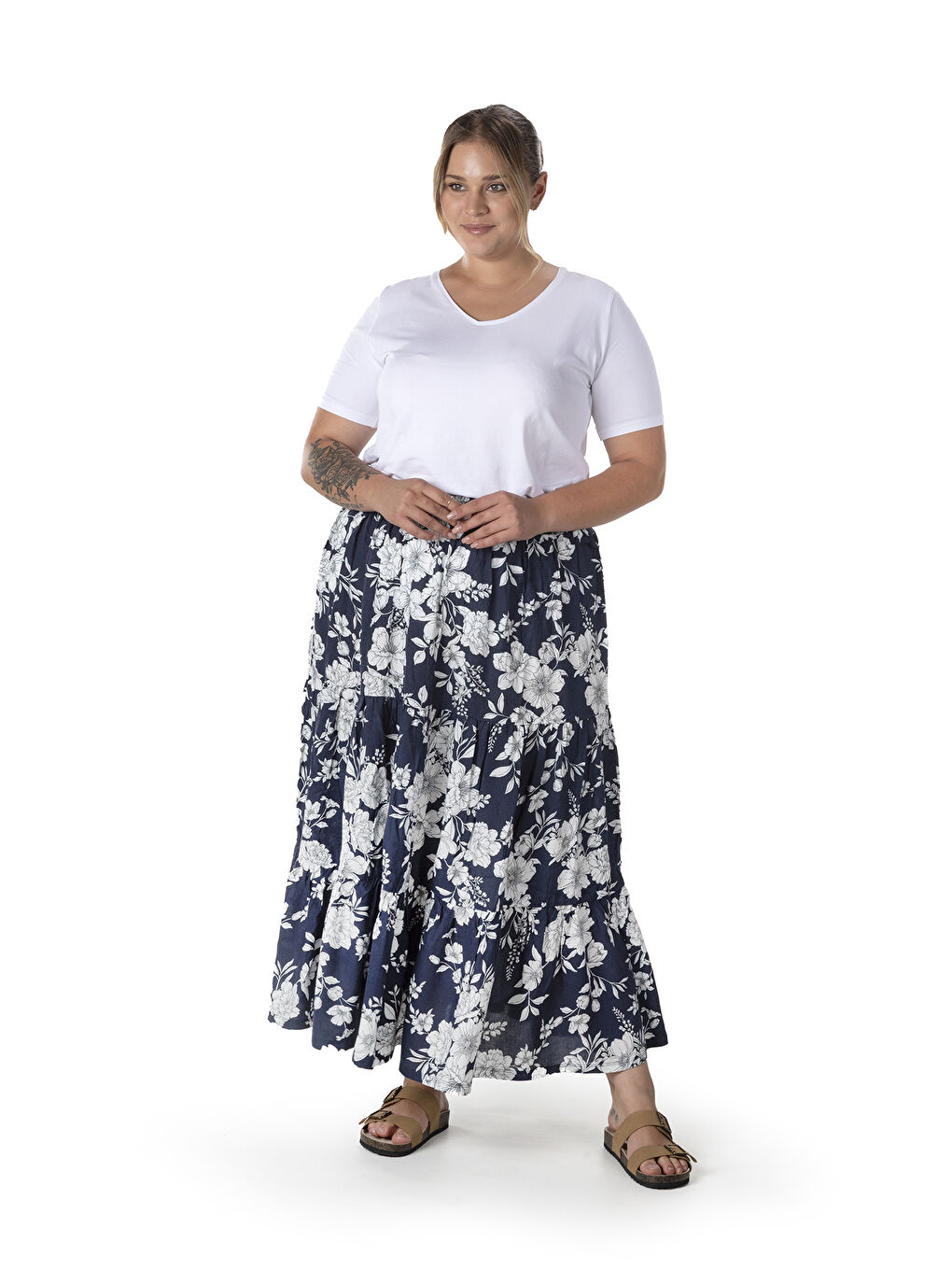 Lacivert Büyük Beden Çiçek Desenli Beli Listekli Bileli Uzun Etek T-14-1