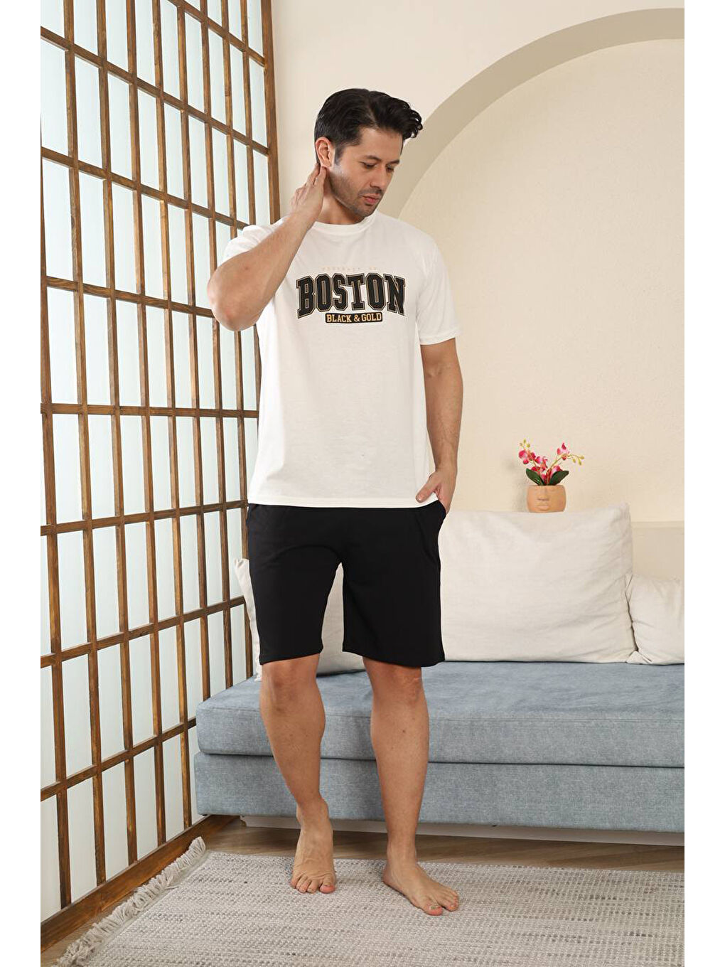 Ekru %100 Pamuklu Kısa Kollu Cepli Erkek Şortlu Pijama Takımı 2015-1