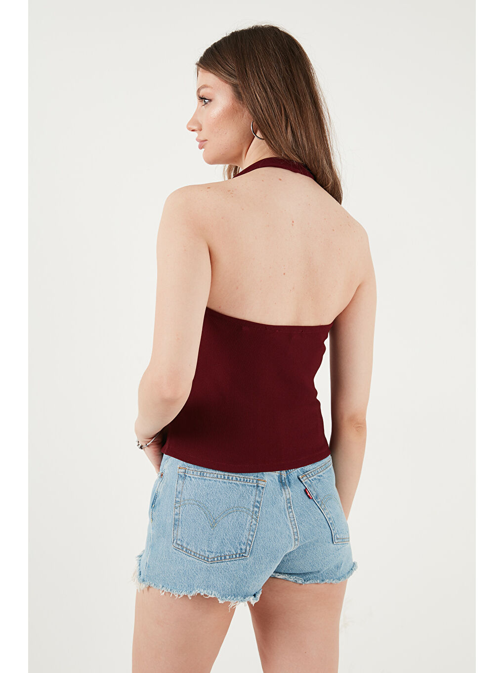 Kırmızı Fitilli Fitted Fit Halter Yaka Sırt Dekolteli Kadın Yelek 5866515-6