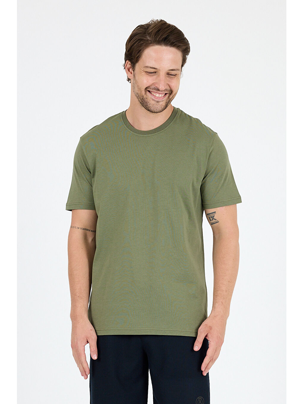 Haki Bisiklet Yaka Penye Erkek %100 Pamuk Tişört-1