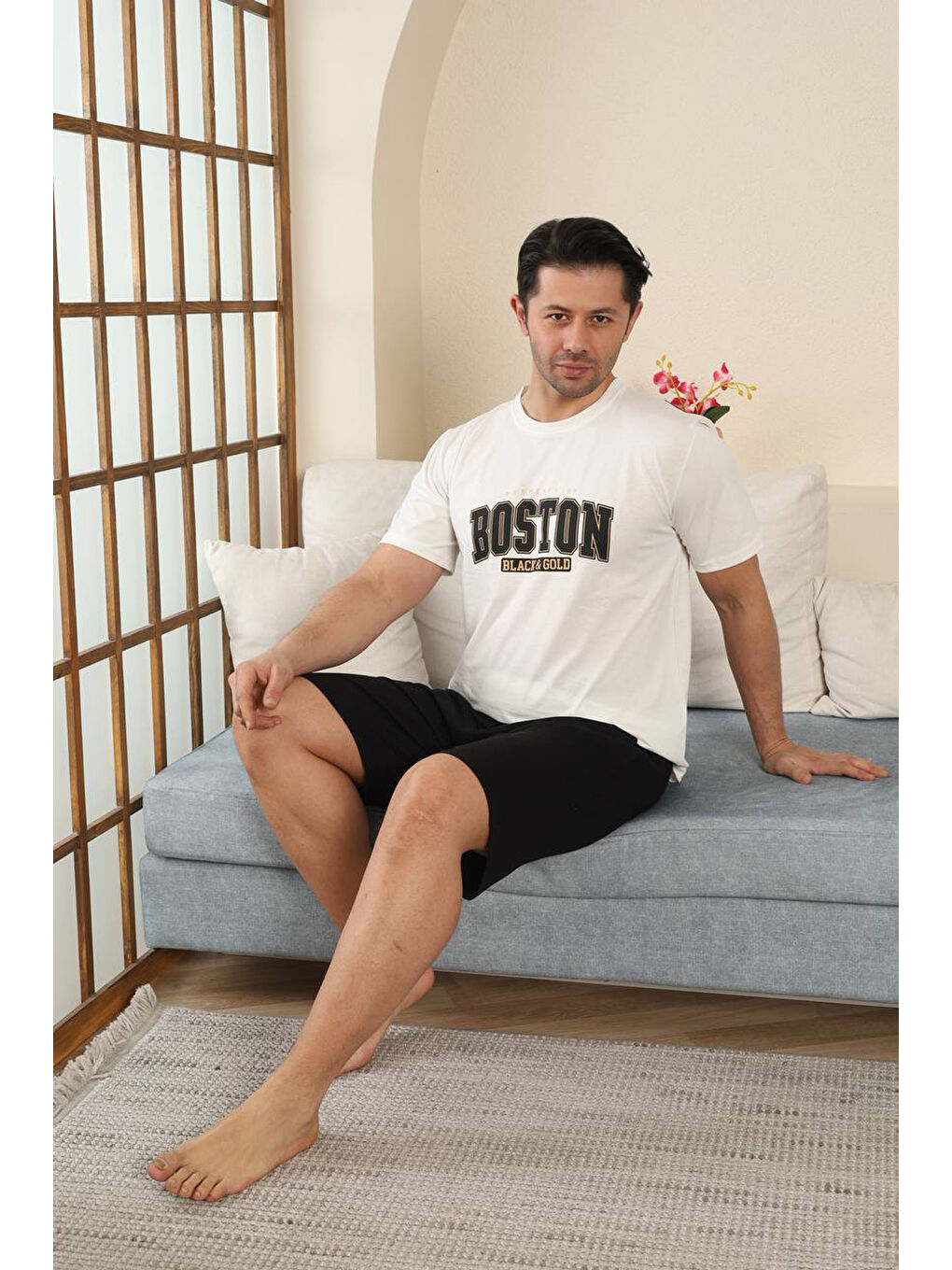 Ekru %100 Pamuklu Kısa Kollu Cepli Erkek Şortlu Pijama Takımı 2015-3