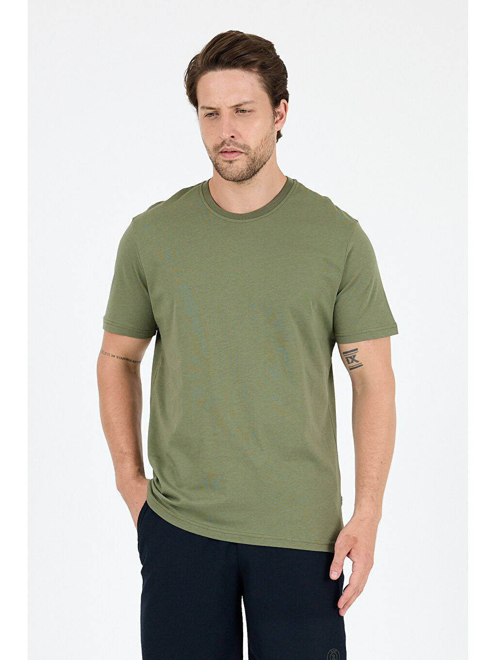 Haki Bisiklet Yaka Penye Erkek %100 Pamuk Tişört-2