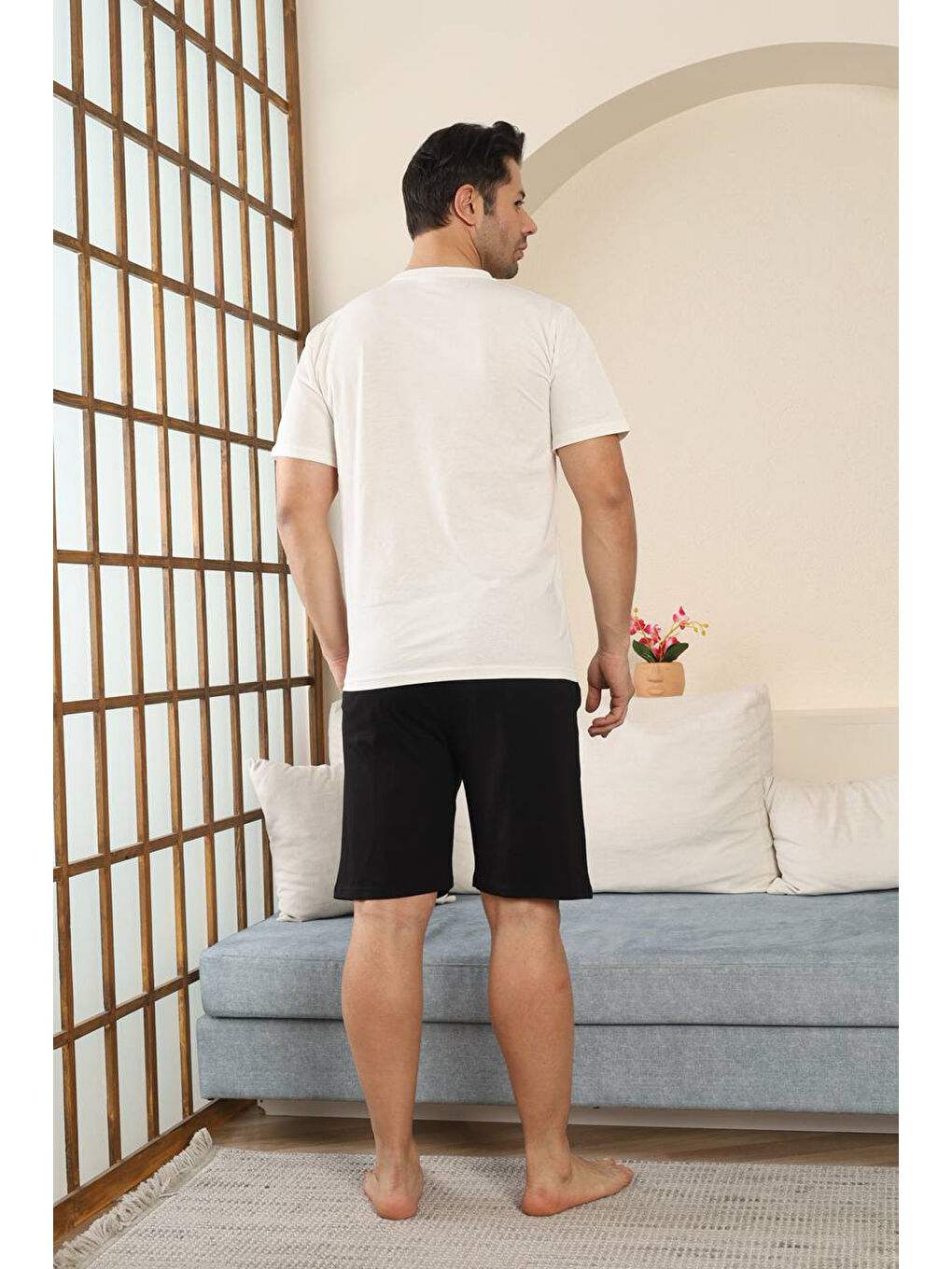 Ekru %100 Pamuklu Kısa Kollu Cepli Erkek Şortlu Pijama Takımı 2015-4