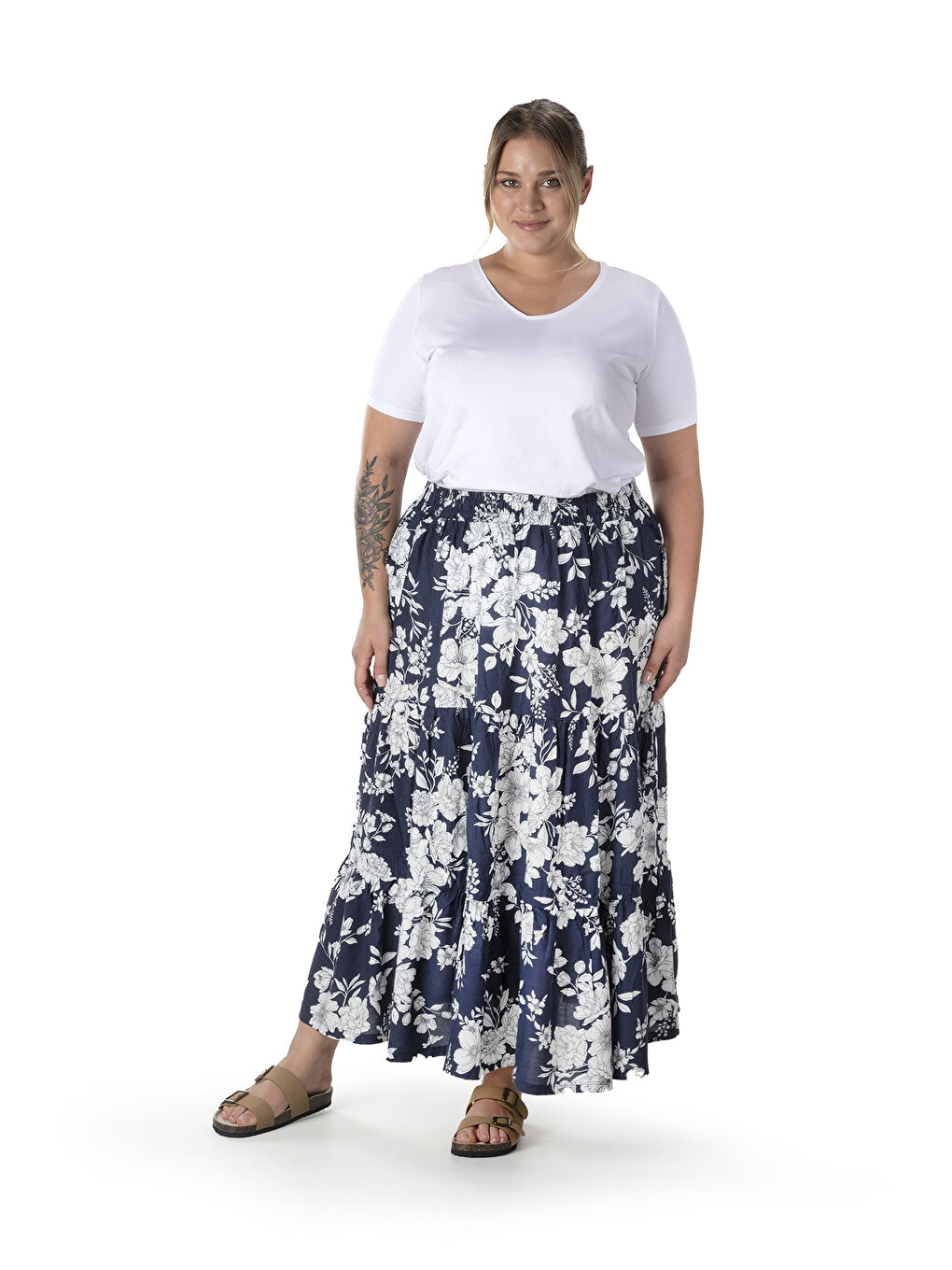 Lacivert Büyük Beden Çiçek Desenli Beli Listekli Bileli Uzun Etek T-14-3