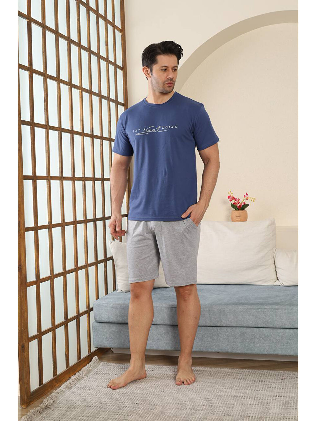Lacivert %100 Pamuklu Kısa Kollu Cepli Erkek Şortlu Pijama Takımı 2015-1
