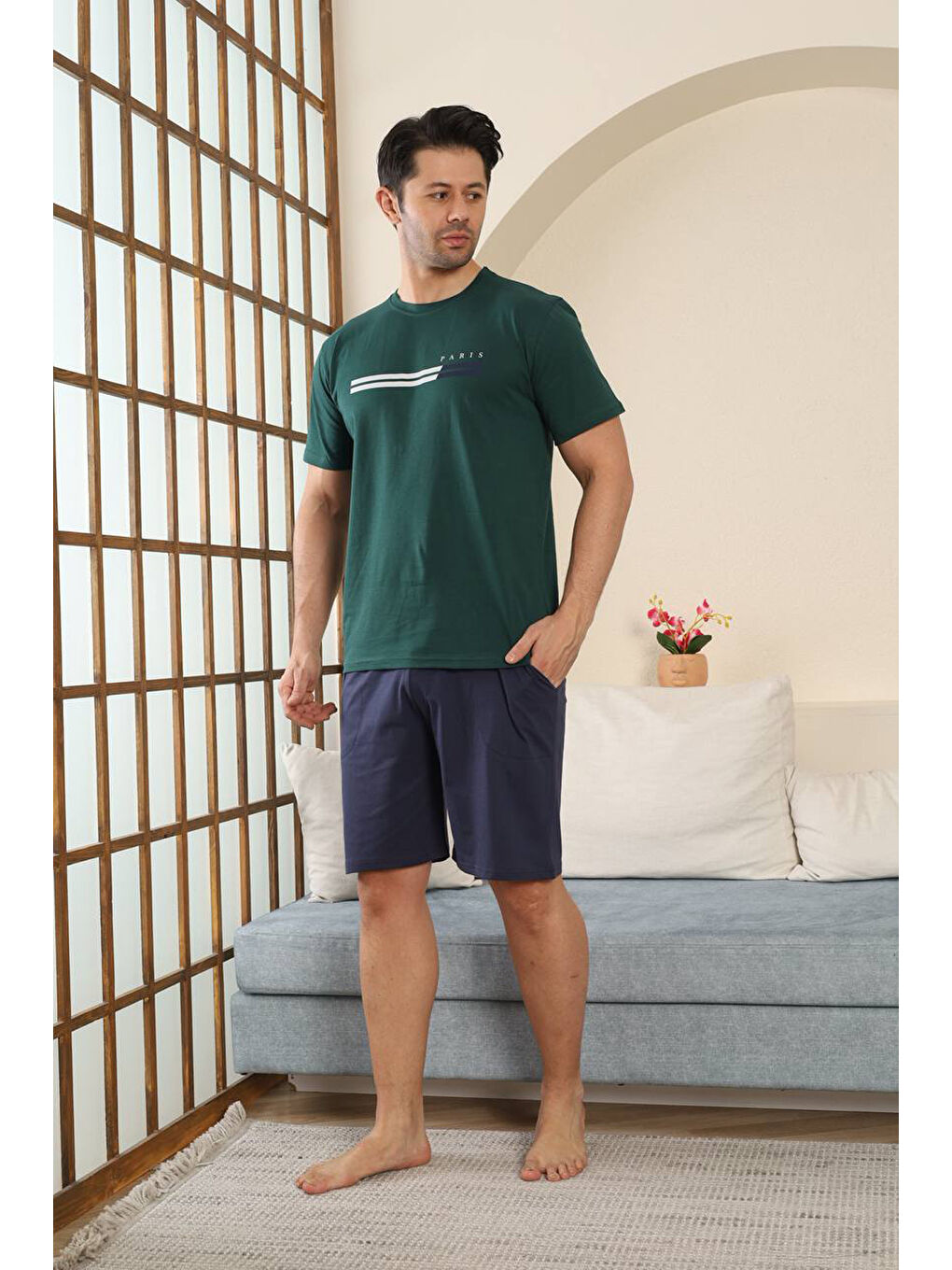 Haki %100 Pamuklu Kısa Kollu Cepli Erkek Şortlu Pijama Takımı 2015-1