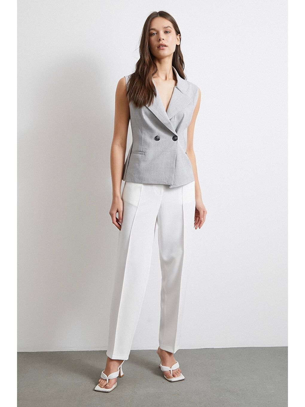 Çift Düğmeli Gömlek Yaka Yelek Gri-1