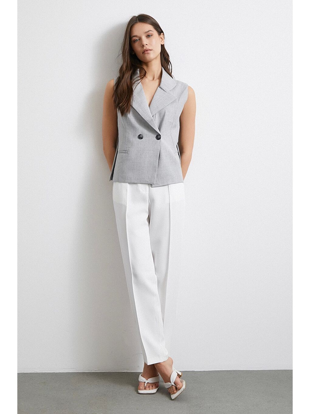 Çift Düğmeli Gömlek Yaka Yelek Gri-2